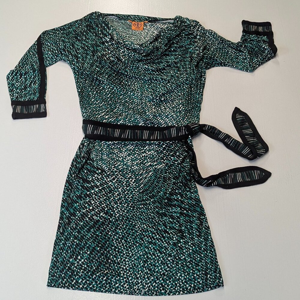 Tory Burch Size Small 100% Silk Green and Black Dress with Tie Belt